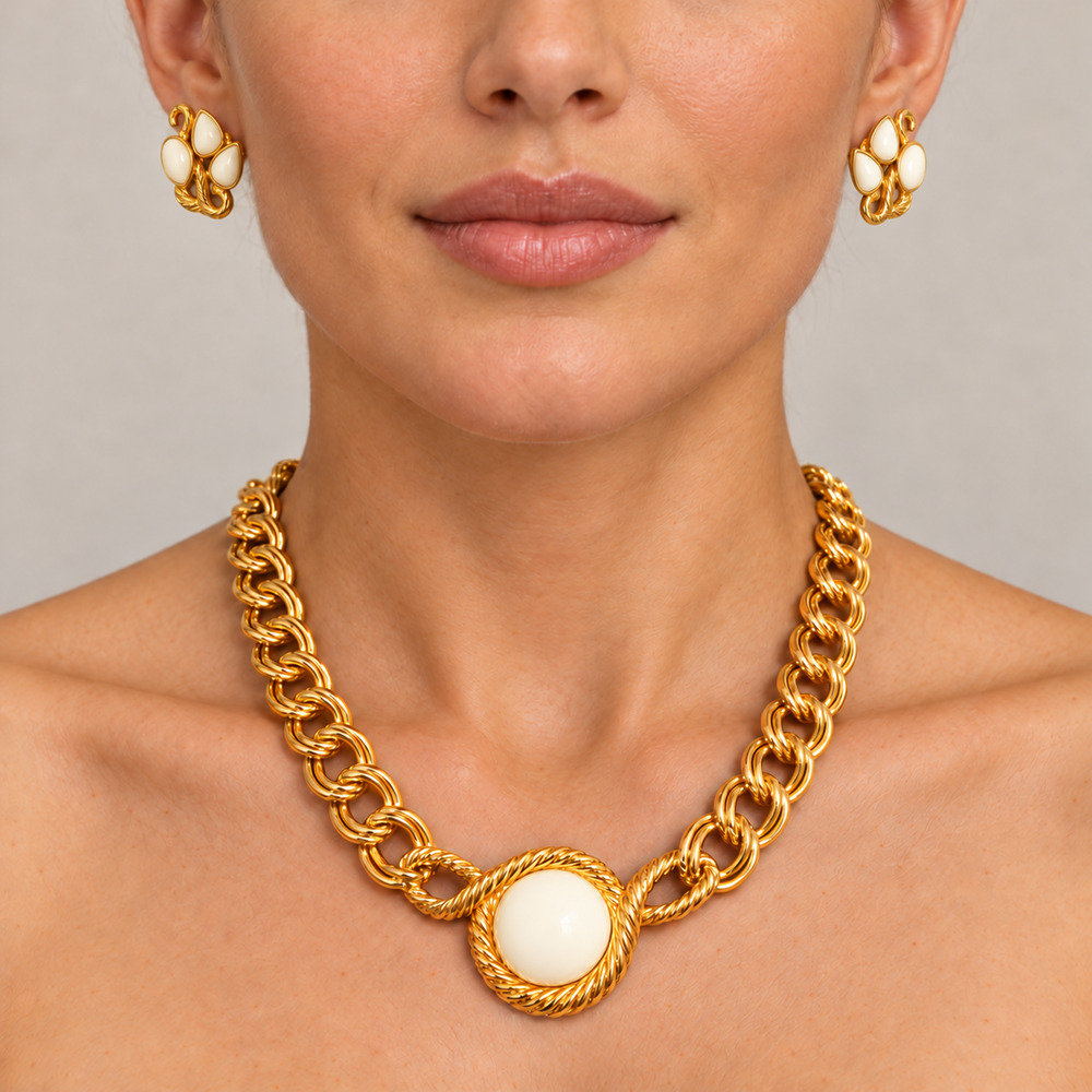 Vintage Trifari Signed Gold Double Chain White Cabochon Statement Necklace Set